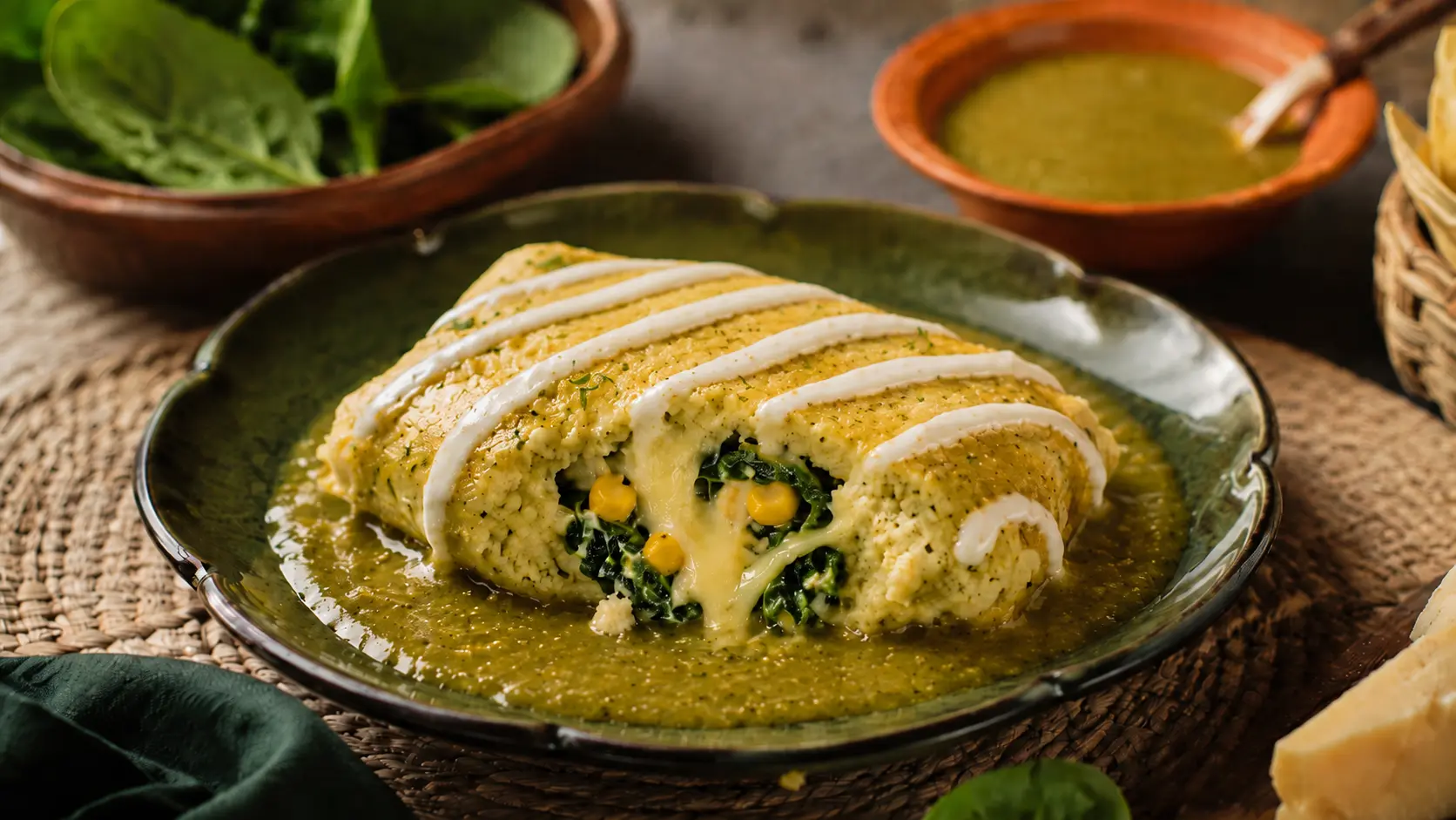 Tamal de Espinaca, Queso y Elote